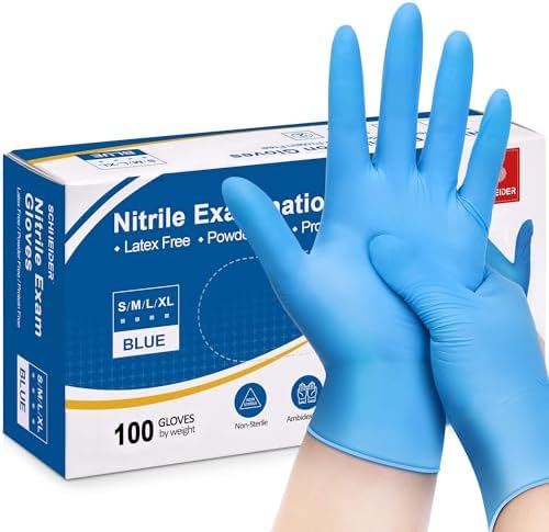 Schneider nitrile inspection gloves, blue, 4 mil, powder free, latex free, suitable for medical examination, cleaning, and food preparation, sterile.