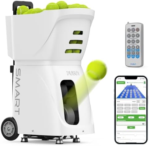 PT-Smart Tennis Ball Machine Automatic Portable Tennis Ball Launcher\/Thrower for All Level Players Training and Practice - Pre-Programmed and Custom Drills, Complete with App\/Remote Control.