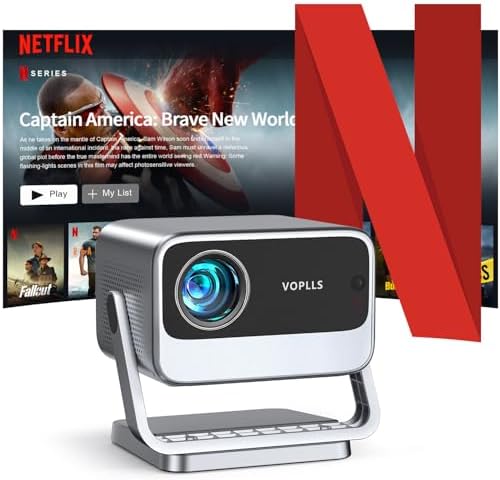 [Netflix Officially &amp; Auto Focus] VOPLLS 4K Projector with WiFi and Bluetooth, 3D Stereo Sound &amp; Auto Keystone Video Projector, 1200ANSI Outdoor Movie Projector, 50% Zoom, MAX 300&#39;&#39;Dis
