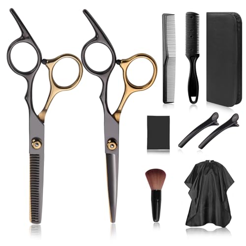 Hair Cutting Scissors Kit, Hair Scissors Professional Haircut Scissor with Stainless Steel Barber Shears, Thinning Shears, Haircut Accessories in Leather Case for Salon\/Home- 10PCS Gold Black