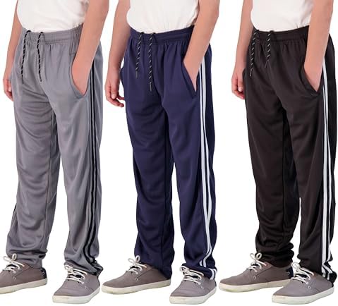 Real Essentials 3 Pack: Boys&#39; Mesh Open Bottom Active Sweatpants with Pockets &amp; Drawstring