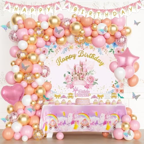 Fiesec Princess Birthday Party Decorations, Pink Princess Birthday Backdrop Balloon Garland Arch Banner Tablecloth Cake Cupcake Topper 3D Butterfly for Girls Pastel Floral Castle Party Supplies