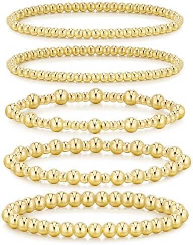 adoyi Gold Bracelets for Women Waterproof, 14K Gold Plated Beaded Strand Bead Ball Bracelets stack Adjustable Jewelry Set for Gifts