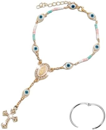 LCWLJL Car Rosary for Rearview Mirror,Evil Eye Rearview Mirror Auto Rosary Beads Car Medal and Cross Hanging Accessories for Mirror Interior Decors for Women Men