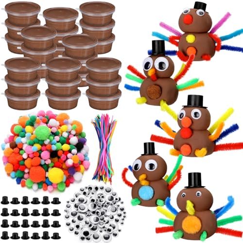 Shappy 24 Pack Thanksgiving Turkey DIY Craft Kits Fall DIY Turkey Air Dry Clay Modeling Indoor Decoration for Autumn Thanksgiving Party Supplies