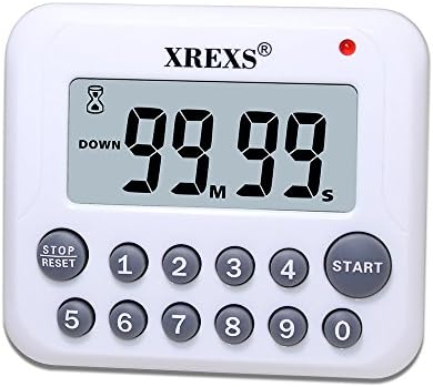 XREXS Digital Kitchen Timer Magnetic Countdown Up Cooking Timer Clock with Magnet Back and Clip, Loud Alarm, Large Display Minutes and Seconds Directly Input-White (2 Battery Included) (DC-12)