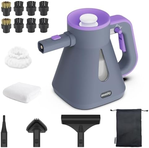 awasky Steam Cleaner Handheld: 1200W Fast 10-Sec Heat-Up-750mL (25oz) Tank-No Cooling-Refill Anytime-Lockable Steam Trigger-14-Piece Kit Hand Held Steamer for Home Car Grout Tile Cleaning Grey