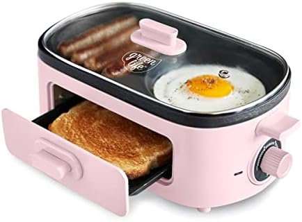 GreenLife 3-in-1 Breakfast Maker Station, Healthy Ceramic Nonstick Dual Griddles for Eggs Meat Sausage Bacon Pancakes and Breakfast Sandwiches, 2 Slice Toast Drawer, Easy-to-use Timer, Pink