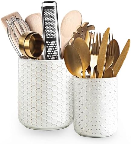 JOJUNO White Ceramic Utensil Holder \u2013 Set of 2 Embossed Kitchen Crocks (6.7 in &amp; 7.1 in Tall), Large Countertop Organizer for Cooking Utensils, Spatulas, Spoons \u2013 Elegant Textured White 