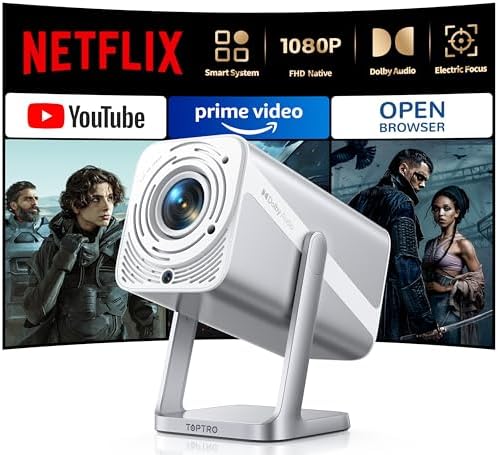 [Netflix-Licensed\/Auto Focus\/360°Adjustable Stand]Smart-Projector-4K with WiFi 6 and Bluetooth5.2, Native 1080P Mini Portable Projector, Dolby Audio\/Auto Keystone\/Zoom, TOPTRO Outdoor Movie Proyec