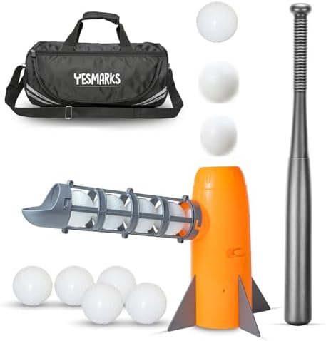 YESMARKS Kids Auto Baseball Pitching Machine Outdoor Toy Set - Training Equipment &amp; Batting Practice Toys for Youth, Includes 10 Baseballs, Baseball Bat and Sports Bag