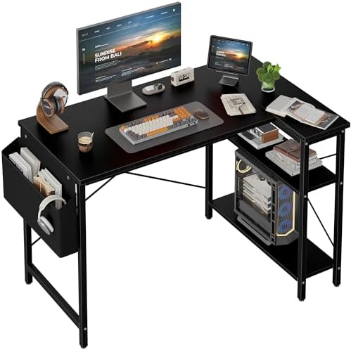 Grandder L Shaped Computer Desk with Reversible Shelves, 40 Inch Small Corner Desk with Storage Bag, Gaming Desk Computer Table Study Writing Table for Home Office Bedroom Small Space, Black