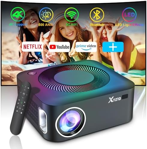 4K Support Projector with 5G WiFi and Bluetooth, Native 1080p Movie Projector, XNANO 500 ANSI Home Theater Outdoor Projector for iOS\/Android\/TV Stick with Speaker, Lighting Effect, Built-in More App