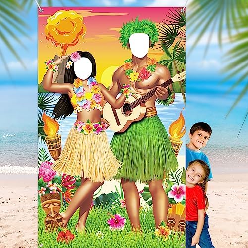 Frienda Luau Couple Photo Door Banner Hawaiian Party Decorations Tiki Luau Photo Props Aloha Tiki Banner for Get-together Hawaiian Party Supplies for Tropical Beach Get-together(Sunset Style)