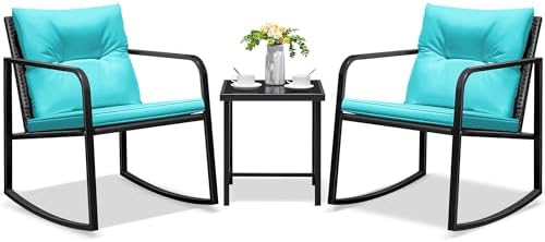 Greesum 3 Pieces Rocking Wicker Bistro Set, Patio Outdoor Furniture Conversation Sets with Porch Chairs and Glass Coffee Table, Blue