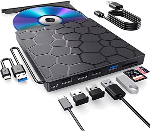 External CD\/DVD Drive for Laptop, DVD Player for Laptop, 8 in 1 USB 3.0 Ultra-Slim Portable, CD Burner External Disk Drive Optical Compatible with Desktop Mac,Windows 11\/10\/8\/7 Linux