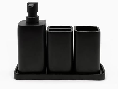 ZCCZ Matte Black Bathroom Accessory Sets, 4 Pieces Bathroom Accessories Complete Set Vanity Countertop Accessory Set, Includes Lotion Dispenser Soap Pump, Tumbler, Toothbrush Holder and Tray