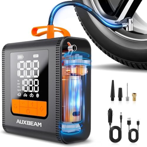 AUXBEAM H4 Portable Air Compressor, 150PSI 4000mAh Car Tire Inflator Pump, 12V 4 Preset Inflation Modes, Cordless Smart Air Pump With LCD Screen for Car, Motorcycle, Bike, Ball