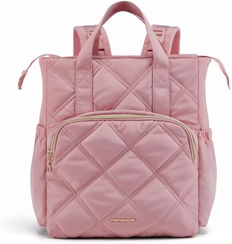 mommore Quilted Diaper Bag Backpack, Small Baby Bags, Lightweight Mini Diaper Backpack for Travel, with Insulated Pockets, Changing Pad (Pink)