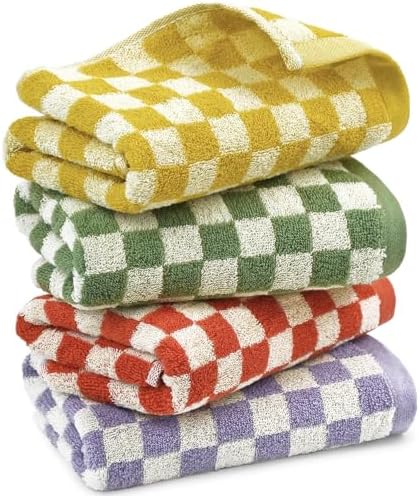 Jacquotha Hand Towels for Bathroom 4 Pack, Cotton Soft Absorbent for Face Spa Bath Gym Kitchen, Hand Towel Set Decorative Checkered, 13 x 29 Inches, 4 Colors