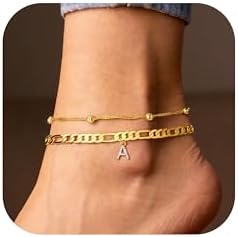 Ursteel Ankle Bracelets for Women, 14K Gold Plated Dainty Layered Chain CZ Initial Anklets Summer Jewelry Gifts for Women