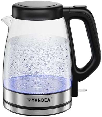 YANDEA Electric Kettle(Blue LED light), Hot Water Boiler, Auto Shut Off, Boil-Dry Protection, Upgrade lid with safety lock, Filter, BPA Free, Borosilicate Glass Electric Tea Kettle (YDK-1707（1.7L）)