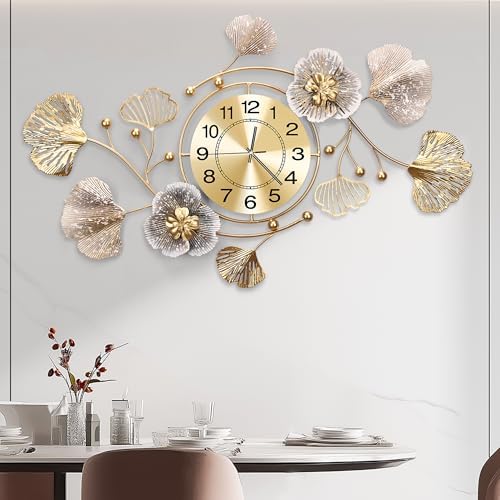 JXQXYN Clocks for Living Room, Large Wall Clock, 3D Silent Wall Clock, Retro Metal Ginkgo Leaf Design, for Bedroom Kitchen Decorative Wall Clocks（32&#39;&#39;x18&#39;&#39; ）
