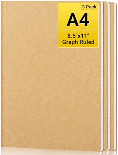 EUSOAR Graph Journal, 3 Packs Large A4 8.5&#34; x 11&#34; 40 Sheets\/ 80 Pages, 100gsm Thick Paper Kraft Sketchbook Composition Diary Subject Notebooks Planner Journal for Office