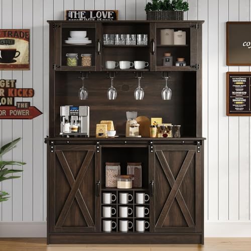 4ever2buy 72&#34; Farmhouse Coffee Bar Cabinet with 2 Glass Doors &amp; 9 Wine Racks, Tall Hutch Cabinet with Storage, Wine Bar with 4 Row Metal Glass Holder, Dark Oak