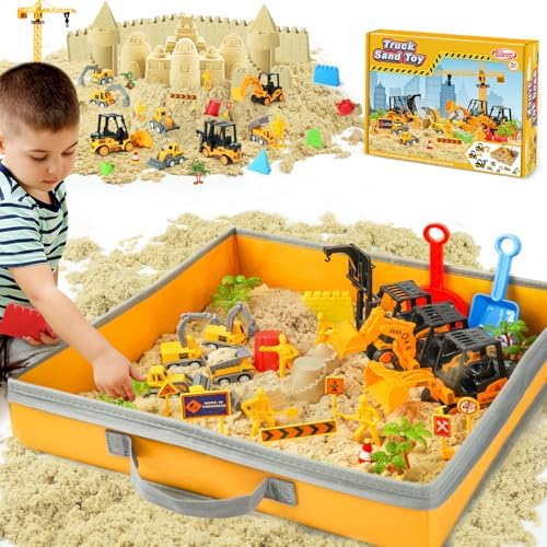 Billeeit Sand Construction Kit with Big Foldable Sandbox and 2.2lbs Magic Sand, Truck Toys Including Castle Molds and Other Accessories - 36Pc Set for Kids 3+
