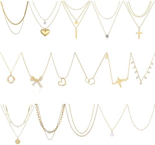 Myofeng 16Pcs Gold Necklaces Set for Women 14k Gold Plated Dainty Trendy Pendant Chain Choker Pack Multilayer Necklace Set for Women Adjustable Jewelry Gift
