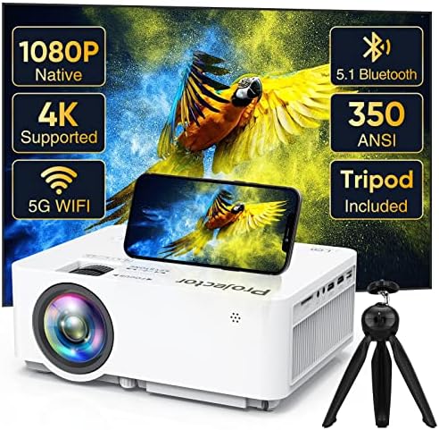 Native 1080P Projector with 5G WiFi Bluetooth and Tripod, 4K Supported Portable Home and Outdoor Movie Projector, Max 300&#34; Display, Compatible with TV Stick, HDMI, Phone (WIFI Version)