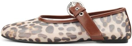 Migpuel Leopard Mesh Flats for Women Round Toe Mary Jane Ballet Flats Buckle Strap Slip On Casual Breathable Ballerina Shoes