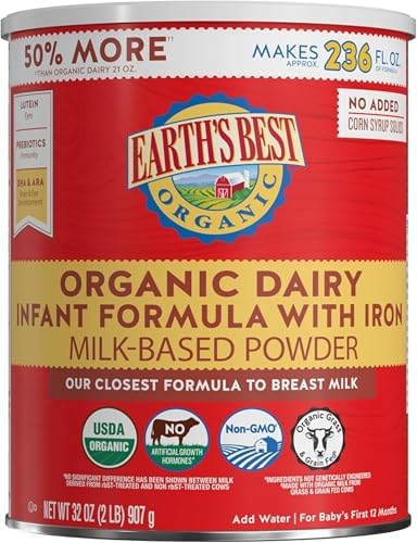 Earth&#39;s Best Organic Baby Formula for Babies 0-12 Months, Powdered Dairy Infant Formula with Iron, Omega-3 DHA, and Omega-6 ARA, 32 oz Formula Container