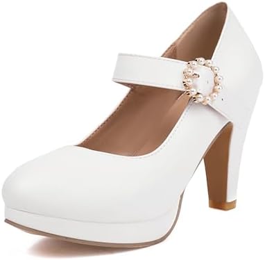 ForeMode Bow Mary Jane Shoes High Heels Closed Round Toe Pumps Leather Summer Sweet Shoe