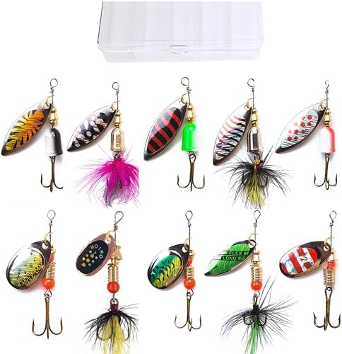KINGFOREST 10-20pcs Fishing Lures Spinnerbait for Bass Trout Salmon Walleye Hard Metal Spinner Baits Kit with Tackle Box
