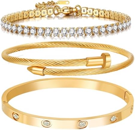 A D. ALLEN &amp; DANMI. 18 K Gold Plated Love Bangle Bracelet Set Flexible Wide Wristband Bangle Bangle Set for Love