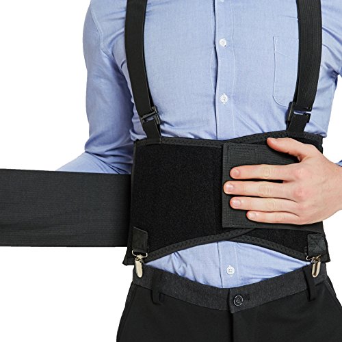 NeoTech Care Lumbar Brace with Removable Pants Clips &amp; Detachable Suspenders - Back Support Belt - Adjustable, Light, Breathable - Shoulder Holsters - Work, Posture (Black, Size M)