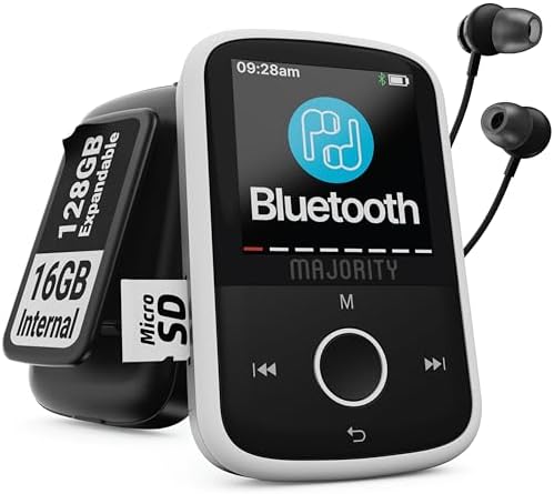 MP3 Player with Bluetooth and Sports Clip  Earbuds Included, Expandable to 128GB  Bluetooth MP3 Music Player, HD Color Screen, 34 Hours Battery Life  SD and USB-C  Majority MP3 GO Music Player