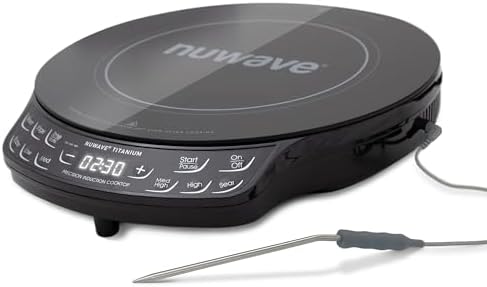 Nuwave Upgraded Induction Cooktop, 3 Wattage Control, Patented Digital Temp Probe, 8\u201DLarge Heating Coil, 12\u201DShatter-Proof Ceramic Glass,106 Temps-Ctrl