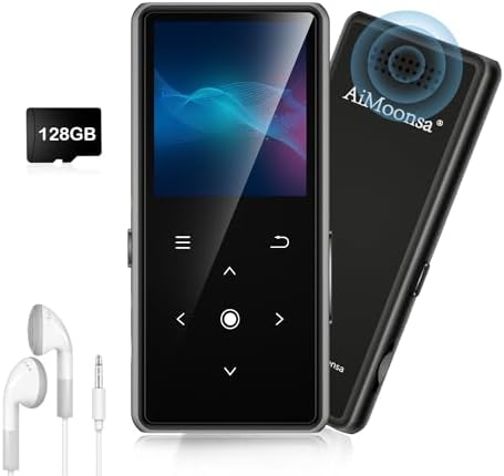 128GB MP3 Player with Bluetooth 5.2, AiMoonsa Music Player with Built-in HD Speaker, FM Radio, Voice Recorder, HiFi Sound, E-Book, Earphones Included