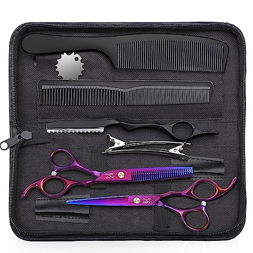 JASON Hair Scissors Professional - 10 PCS Haircut Scissors Set, Thinning Shears for Hair Cutting with 30 Teeth, Straight Shears for Men Women Home Salon Barber (6.7&#34;, Purple)