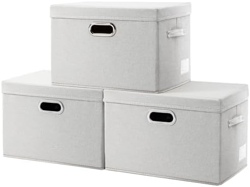 PRANDOM Collapsible Storage Bin with Lid [3-Pack] Fabric Foldable Storage Box Organizer Container Basket Cube with Cover for Home Bedroom Closet Office Beige(15.3x10x9.7)