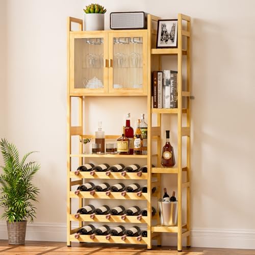 Cozivolife Wine Bar Cabinet,Wine Rack Floor Free with Doors Glass Holder,4 Tiers Wine Bottle Storage and Side 4-Layer Shelves for Living Room, Dining Room, Kitchen(Bamboo)