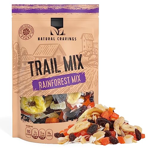 Natural Cravings 24oz Trail Mix Bulk Family Size Bag - Tropical Rainforest Dried Fruit Mix &amp; Assorted Nuts Mix with Dry Pineapple, Banana Chips, Papaya, Raisins, Coconut Chips - Gluten Free Trail 