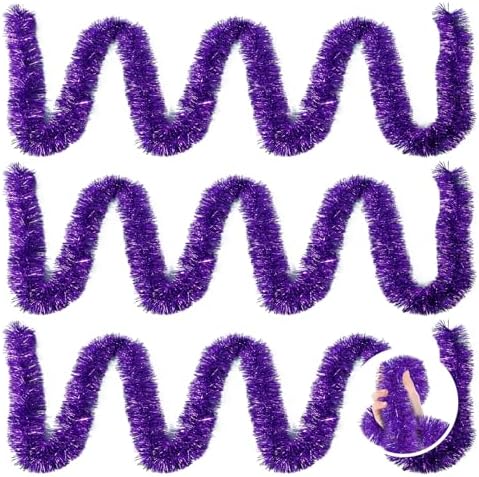 3 Pieces 59 Feet Christmas Foil Tinsel Garland, Metallic Tinsel Twist Garland Shiny Hanging Decorations for Holiday Tree, Party Supplies for Wedding, Birthday, New Year (Purple)
