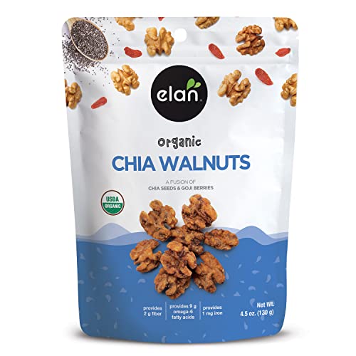Elan Organic Chia Walnuts, 4.5 oz, Non-GMO, Gluten-Free, Vegan, Kosher, Healthy Snacks, Glazed Nuts with Chia Seeds, Goji Berry Powder &amp; Himalayan Pink Salt, Superfood Infused Nuts
