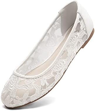 Greatonu Women&#39;s Flats Cut Out Round Toe Slip On Floral Ballet Flat Comfortable Lace Flats Dressy