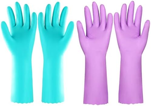 Elgood Reusable Dishwashing Cleaning Gloves with Latex free, Cotton lining,Kitchen Gloves 2 Pairs,Purple+blue Medium