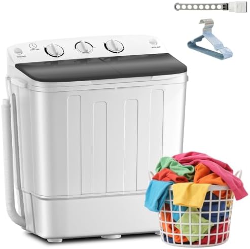Erivess Portable Twin Tub 18lbs Washing Machine with Drying Rack and 10 Hangers, 11lbs Washer Mini Compact Laundry Machine with 7lbs Spinner, Semi-automatic Washer Combo for Dorms, Apartment
